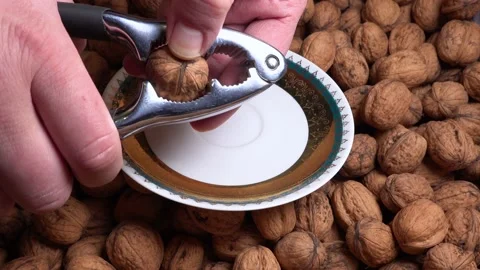 Cracking a walnut over a plate in a pile of nuts Stock Footage 221875312