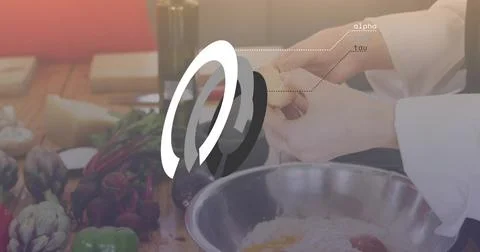 Cracking white chef-clad hands releasing egg into mixing bowl on counter, with Stock Photos