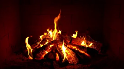 Crackling Fireplace - Fire Burning In The Fireplace - Natural Wood Burning Stock Footage 202129594