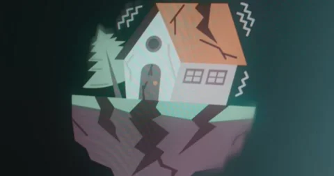 Cracks in the ground and a damaged house caused by Earthquake, natural disaster Video stock 314572897