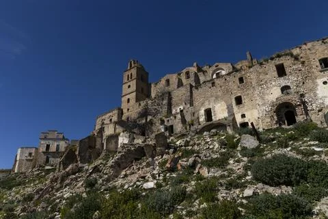 Craco, Basilicata. Abandoned city. A ghost town built on a hill. Stock Photos