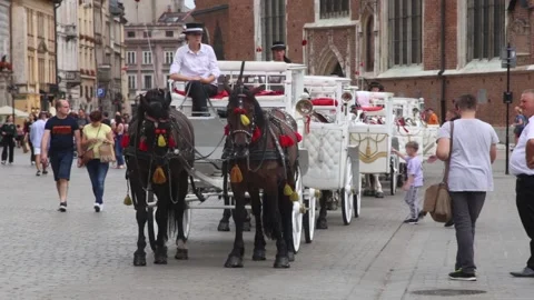 Cracow. Hackney carriages at cab stand at Main Market Place. Vidéo 160207288