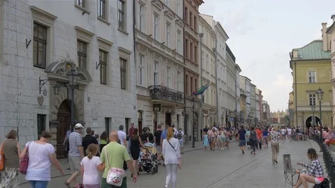 Cracow, Krakow, Poland. The old town and strolling tourists Stock Footage