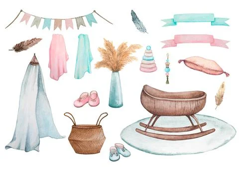 Cradle and other decorative elements for the nursery. Stock Illustration