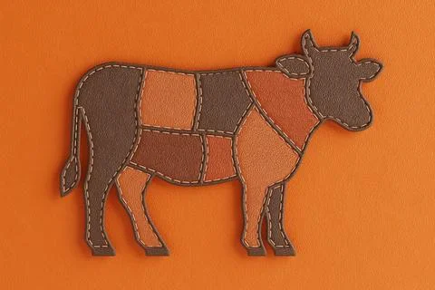 Craft And Farm Concept. Patchwork Cow Silhouette Made Of Leather Textures I.. イラスト素材