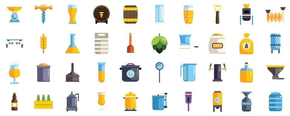 Craft beer brewing process and equipment icon set featuring kegs, hops, and Stock Illustration