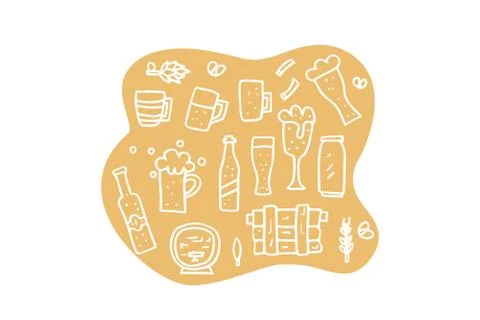 Craft beer concept with elements set in doodle style. Pub symbols and letteri 스톡 일러스트