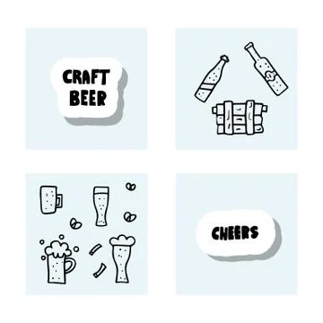Craft beer elements set in doodle style. Symbols and sticker lettering. Vecto Ilustración de archivo