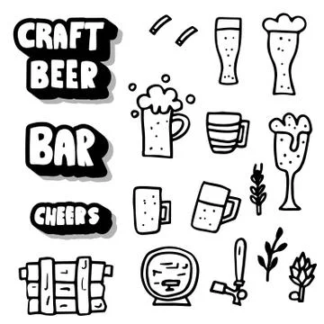 Craft beer elements set in doodle style. Symbols and sticker lettering black  Ilustración de archivo
