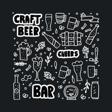 Craft beer elements set in doodle style. Symbols and lettering poster templat Stock Illustration