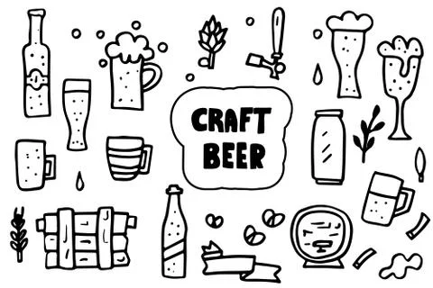 Craft beer elements set in doodle style. Symbols and lettering black and whit 스톡 일러스트