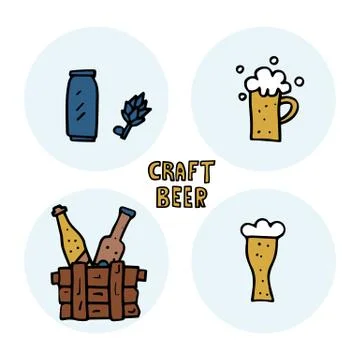 Craft beer elements set in doodle style. Round badges with symbols and letter Ilustración de archivo