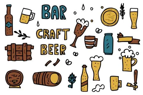 Craft beer elements set in doodle style. Symbols and lettering isolated on wh Ilustración de archivo