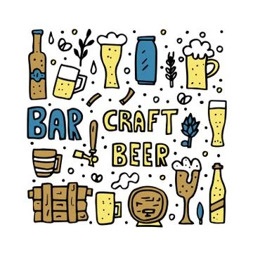 Craft beer elements set in doodle style. Poster template with pub symbols and Ilustración de archivo
