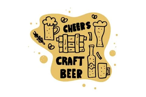 Craft beer elements set in doodle style. Symbols and lettering. Vector illust Ilustración de archivo