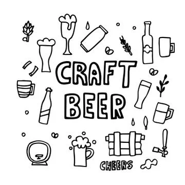 Craft beer elements set in doodle style. Collection of pub symbols and letter Ilustración de archivo