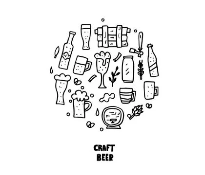 Craft beer elements set in doodle style. round badge with sketch symbols and  Ilustración de archivo