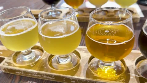 Craft Beer Flight Tasting Set on Wooden Paddle in Brewery Stock Footage 337691156