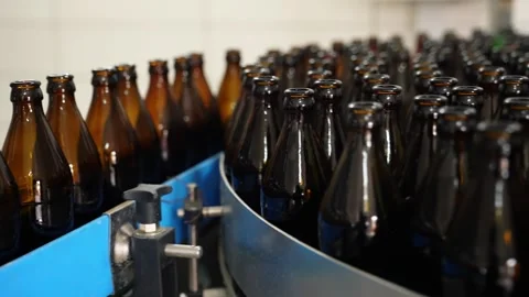 Craft beer production. Conveyor with empty bottles. Stock Footage 256181572