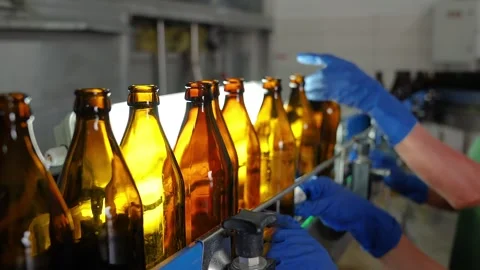 Craft beer production. Conveyor with empty bottles. Stock Footage 256181606