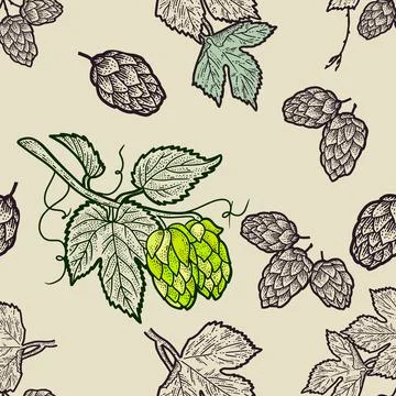 Craft beer seamless pattern. Malt and hop elements. Illustration in linocut Stock Illustration