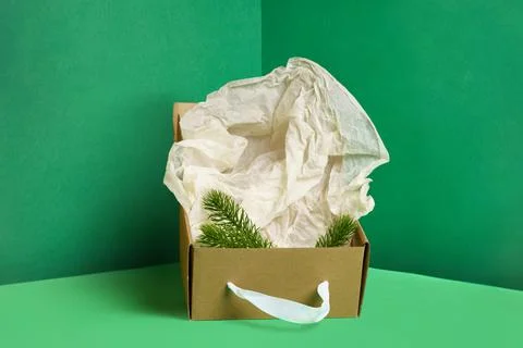 Craft box with wrapping paper inside, branch of green fir tree in green corner Stock Photos