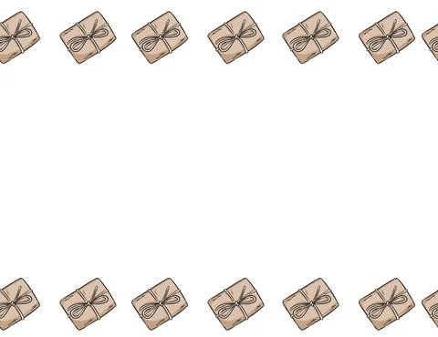 Craft boxes hand drawn vector outline doodles seamless border pattern. Cute g Stock Illustration