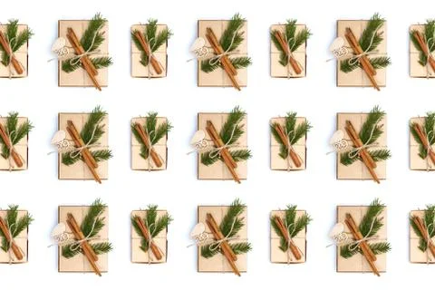 Craft boxes with pine tree branch isolated on white Stock Photos