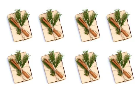 Craft boxes with pine tree branch isolated on white pattern Stock Photos