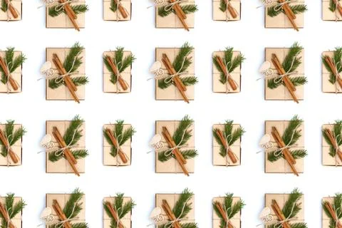 Craft boxes with pine tree branch isolated on white pattern Stock Photos