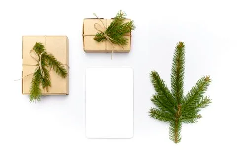 Craft boxes with pine tree branches, natural rope, notepad and pine tree branch Stock Photos