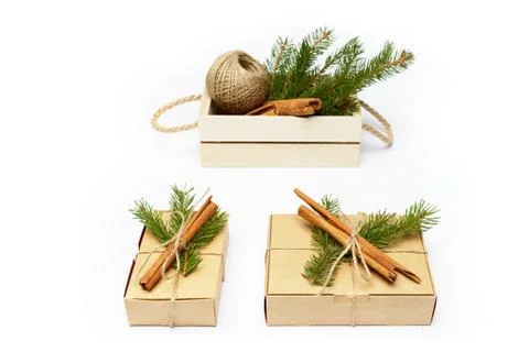 Craft boxes with pine tree, rope and cinnamon on white Stock Photos