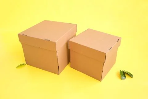 Craft boxes on a yellow background with a decor of green leaves. Place for .. Stock Photos