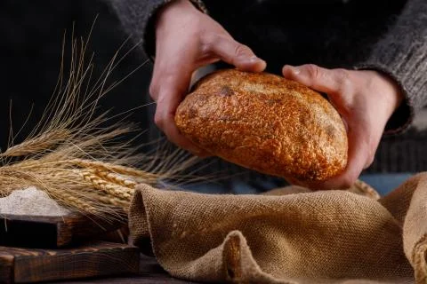 Craft bread close up in a man's hand and flowing flour. The concept of health Stock Photos