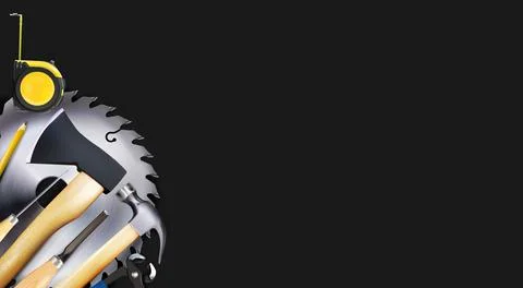 Craft carpenter 3D composition of set tools isolated on black background. 库存插图