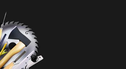 Craft carpenter 3D composition of set tools isolated on black background. Stock Illustration