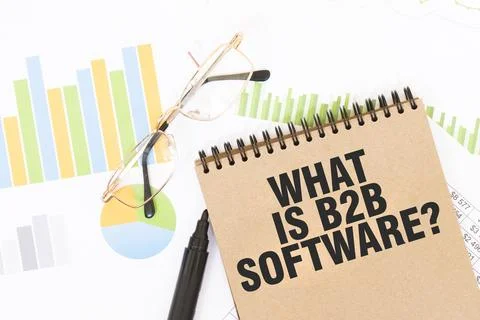 In a craft colour notebook is a WHAT IS B2B SOFTWARE inscription, next to p.. Stock Photos