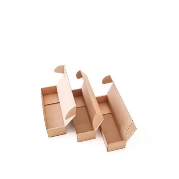 Craft empty boxes are open on a white background. Place for text and logo. .. Stock Photos