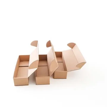 Craft empty boxes are open on a white background. Place for text and logo. .. Stock Photos