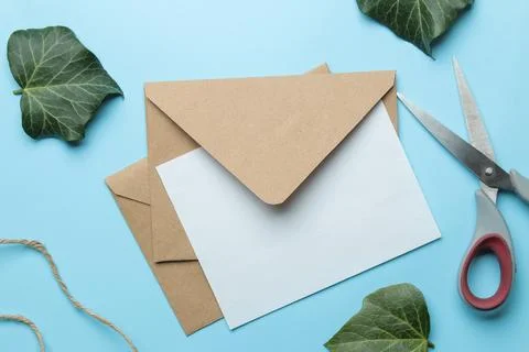 Craft envelope and form for text and green leaves on a bright trendy light bl Stock Photos