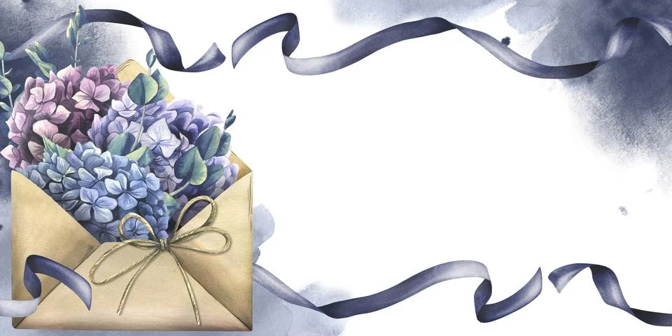 Craft envelope with hydrangea and eucalyptus flowers, ribbons, stains and Stock Illustration