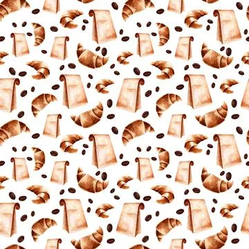 Craft geometric seamless pattern of croissant and coffee for decoration, deco Stock Illustration