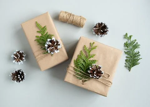 Craft gift box with pine cones and thuja on light background. Top view. Stock Photos