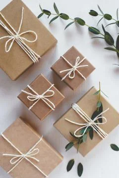Craft gift boxes on white background. Stock Photos