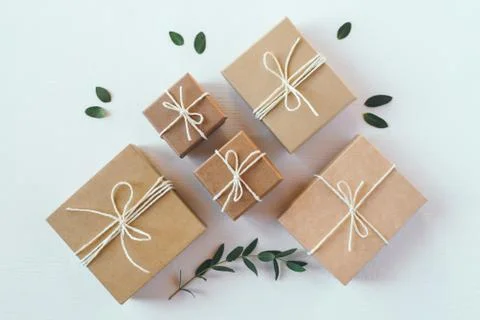 Craft gift boxes on white background. Stock Photos