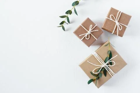 Craft gift boxes on white background. Stock Photos