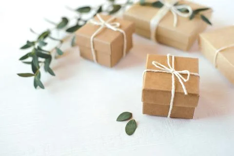 Craft gift boxes on white background. Stock-Fotos