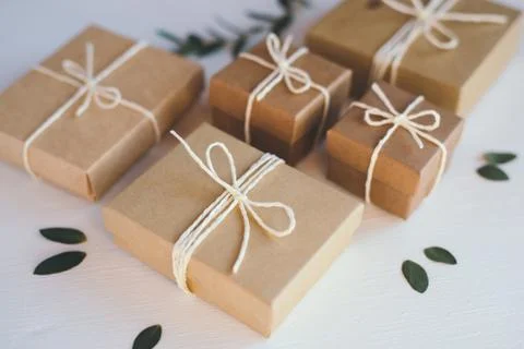Craft gift boxes on white background. Stock Photos