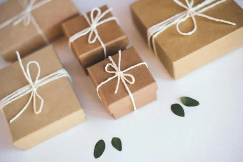 Craft gift boxes on white background. Stock Photos