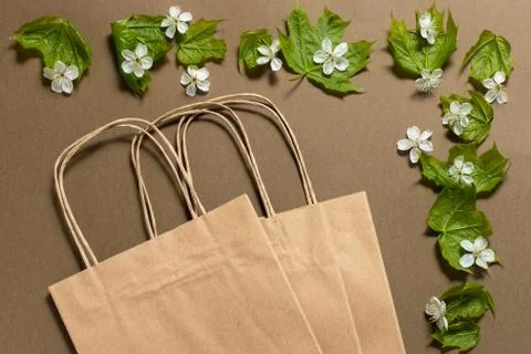 Craft packages in a frame of green sheets on a brown background. place for text. Stock Photos